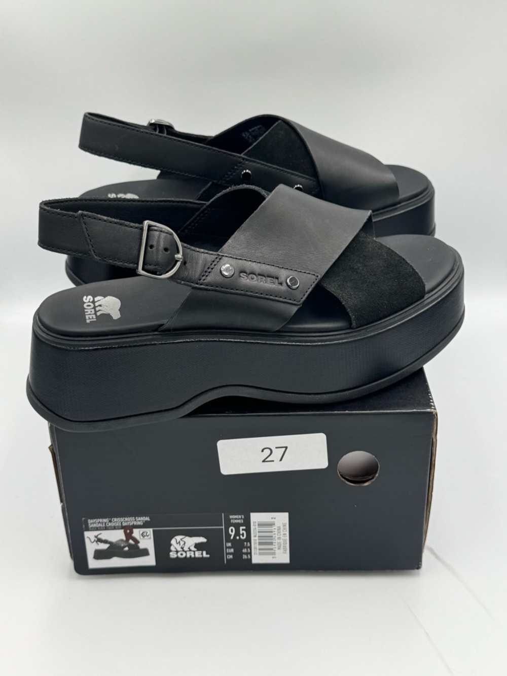 Sorel Dayspring Crisscross Black Platform Sandals Size 9.5 new in box